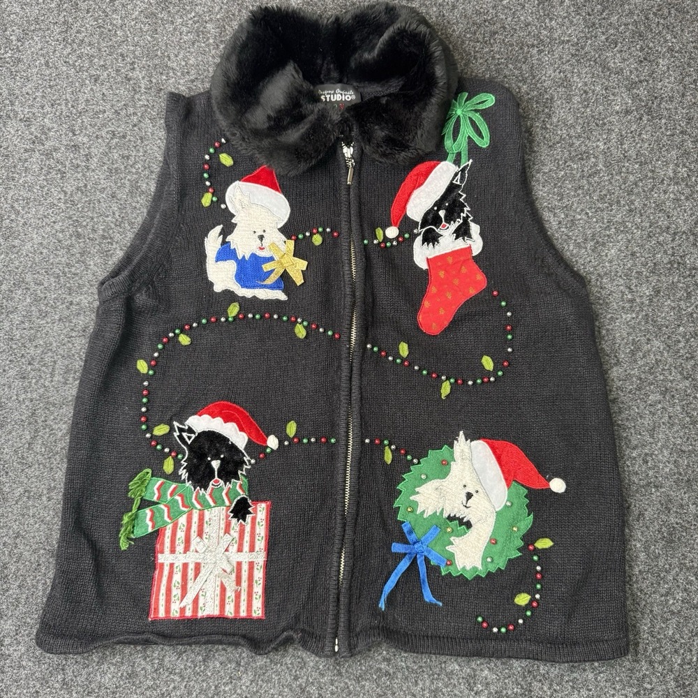 Studio Joy Christmas Vest L Scottie Westie Dogs Faux Fur Collar Beaded Zip